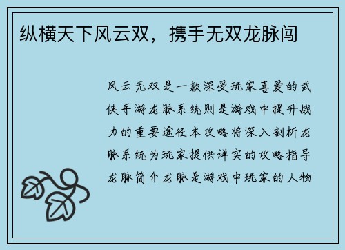纵横天下风云双，携手无双龙脉闯